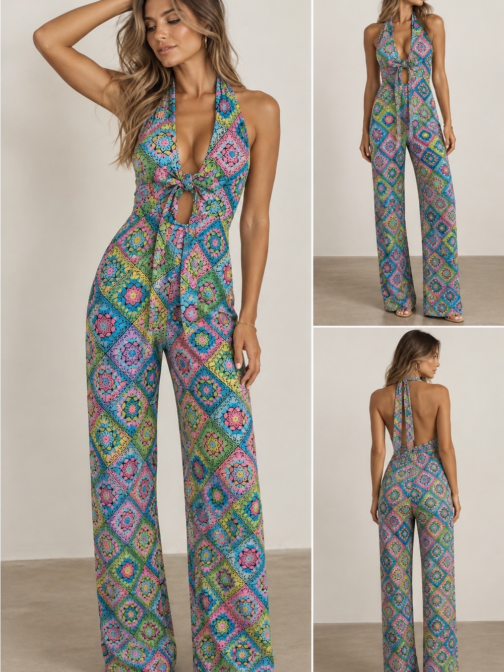 Miss Selfridge Multicolor Halter Tie-Front Wide-Leg Jumpsuit